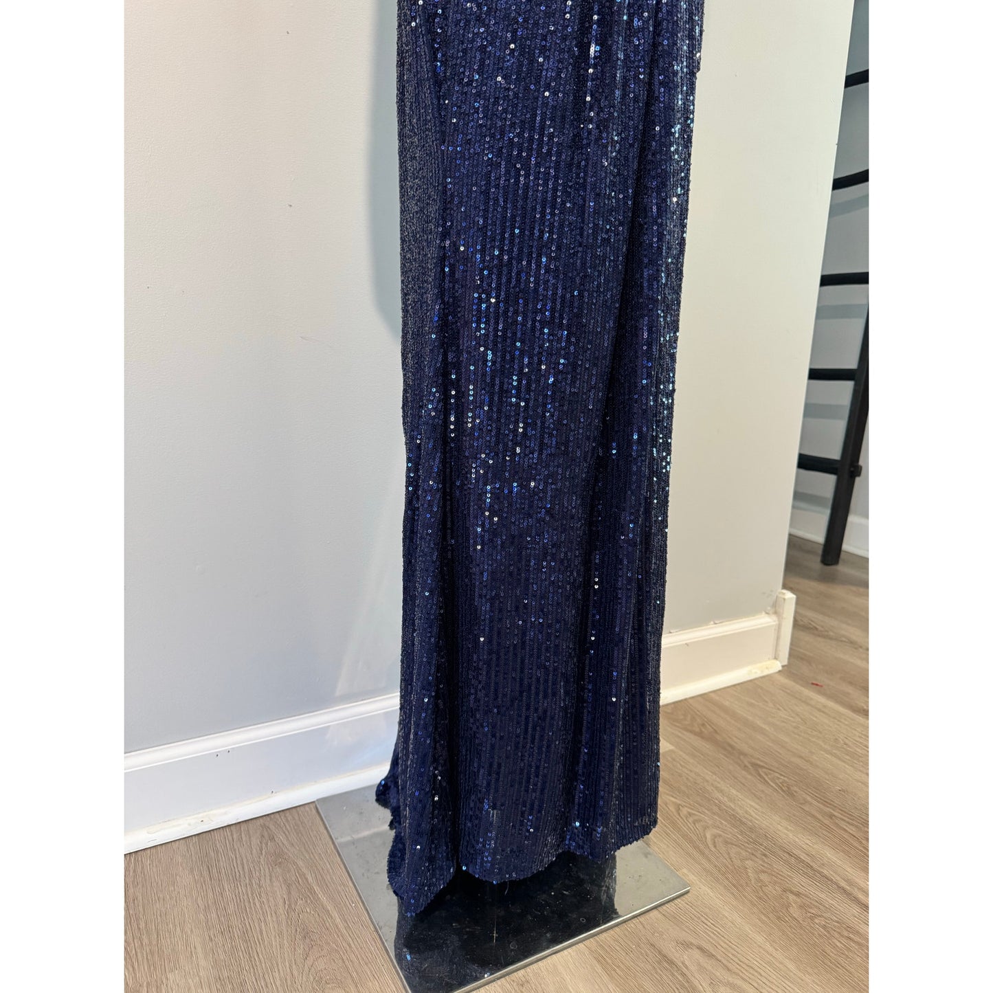 Mac Duggal Sequin Long Sleeve Faux Wrap Gown Dress Midnight Navy Blue Size 12