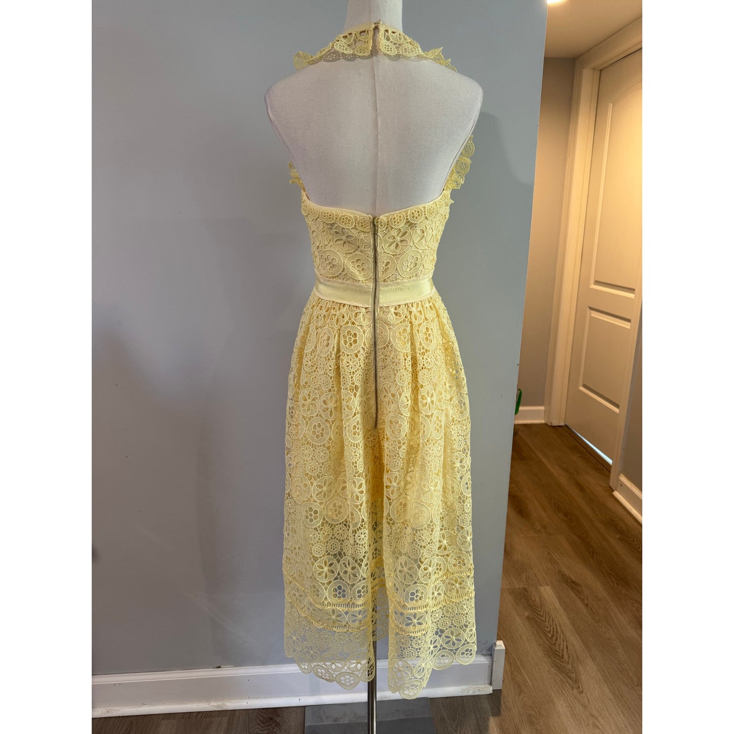 Self Portrait Yellow Lemon Pattern Crochet Overlay Halter Neck Sundress Size 6