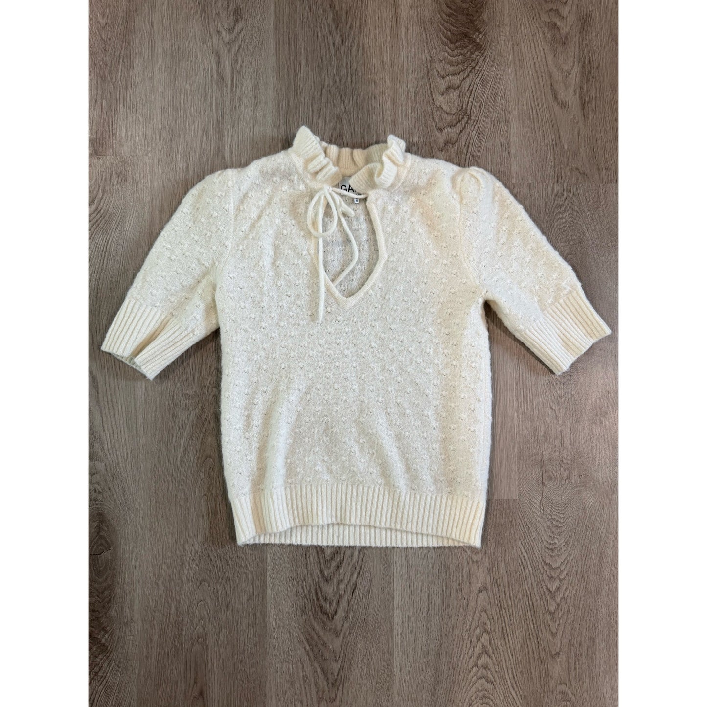 Ganni Short Sleeve Wool Knit Top in Egret/Off White Tie Closure Ruffle - Size XS
