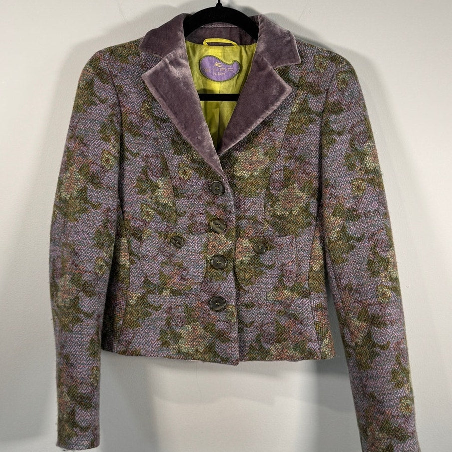 Etro Tweed Wool-Blend Floral Blazer with Velvet Collar Size XS – Tailored Jacket