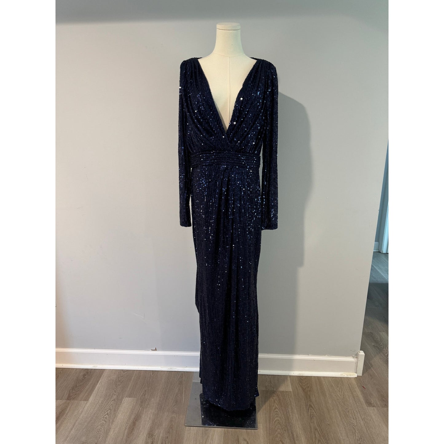 Mac Duggal Sequin Long Sleeve Faux Wrap Gown Dress Midnight Navy Blue Size 12