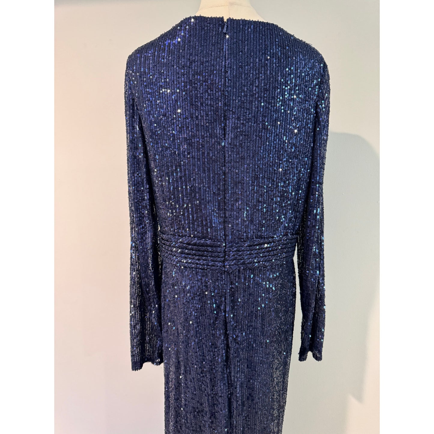 Mac Duggal Sequin Long Sleeve Faux Wrap Gown Dress Midnight Navy Blue Size 12