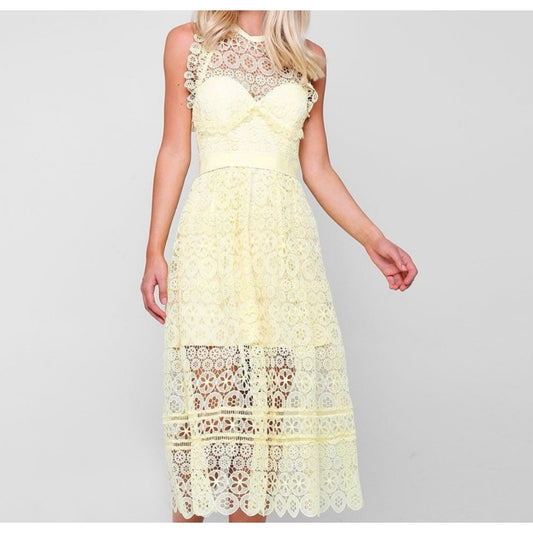 Self Portrait Yellow Lemon Pattern Crochet Overlay Halter Neck Sundress Size 6