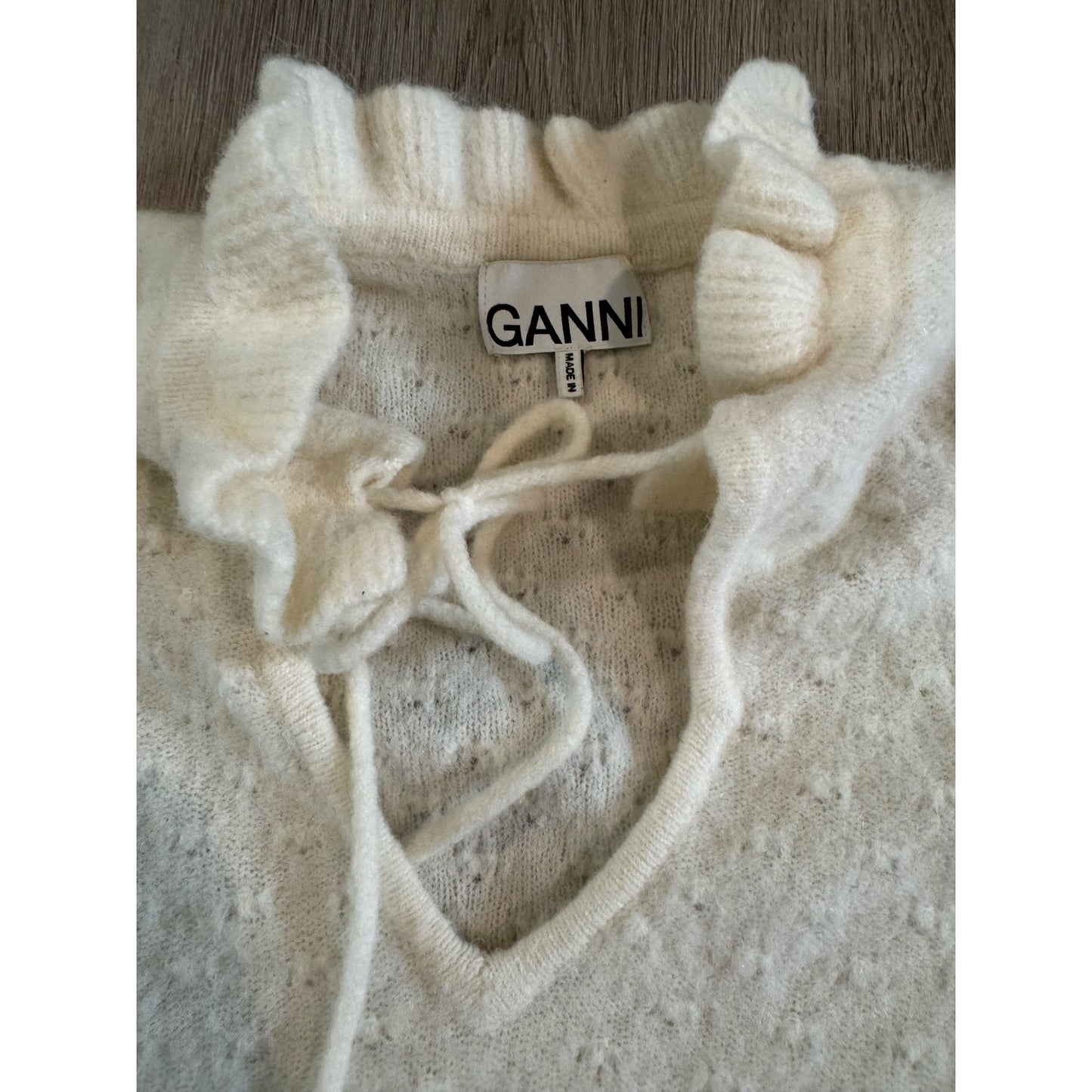 Ganni Short Sleeve Wool Knit Top in Egret/Off White Tie Closure Ruffle - Size XS