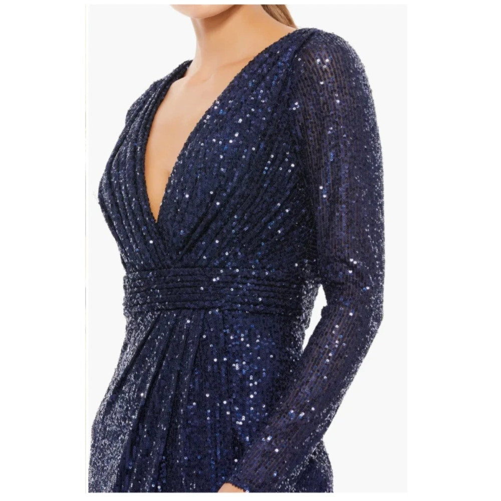 Mac Duggal Sequin Long Sleeve Faux Wrap Gown Dress Midnight Navy Blue Size 12