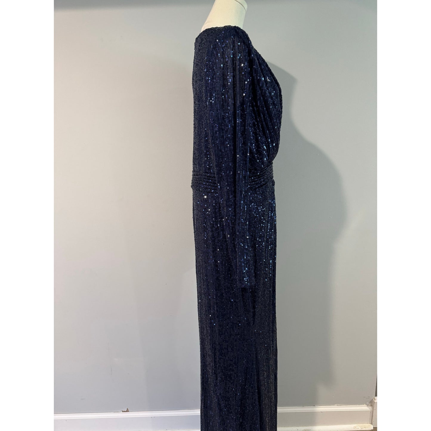 Mac Duggal Sequin Long Sleeve Faux Wrap Gown Dress Midnight Navy Blue Size 12