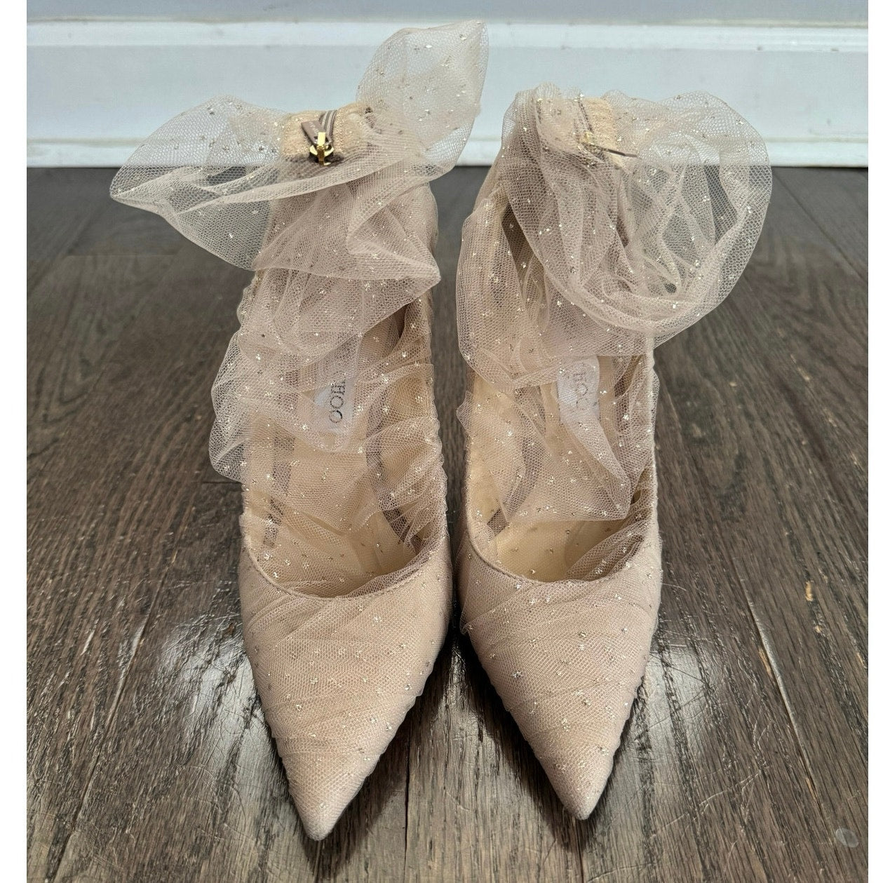 Jimmy Choo Lavish 100 Ruched Glitter Mesh Tulle Bow Heels Ballet Pink 39.5 / US 9.5