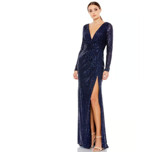 Mac Duggal Sequin Long Sleeve Faux Wrap Gown Dress Midnight Navy Blue Size 12