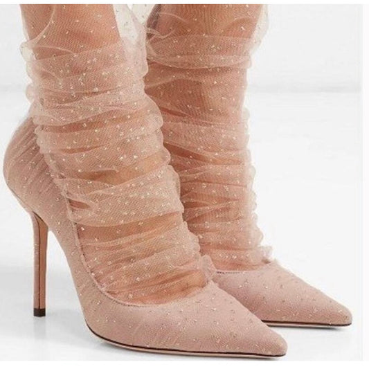 Jimmy Choo Lavish 100 Ruched Glitter Mesh Tulle Bow Heels Ballet Pink 39.5 / US 9.5