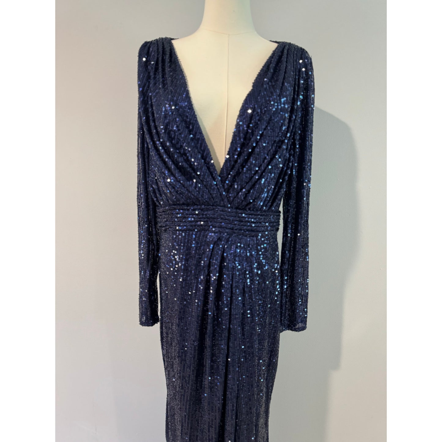 Mac Duggal Sequin Long Sleeve Faux Wrap Gown Dress Midnight Navy Blue Size 12