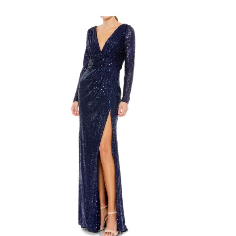 Mac Duggal Sequin Long Sleeve Faux Wrap Gown Dress Midnight Navy Blue Size 12