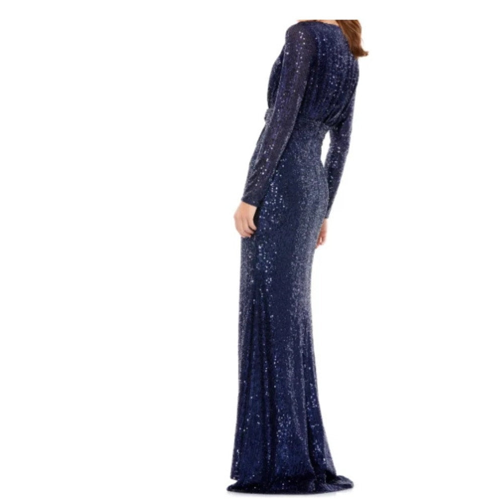 Mac Duggal Sequin Long Sleeve Faux Wrap Gown Dress Midnight Navy Blue Size 12