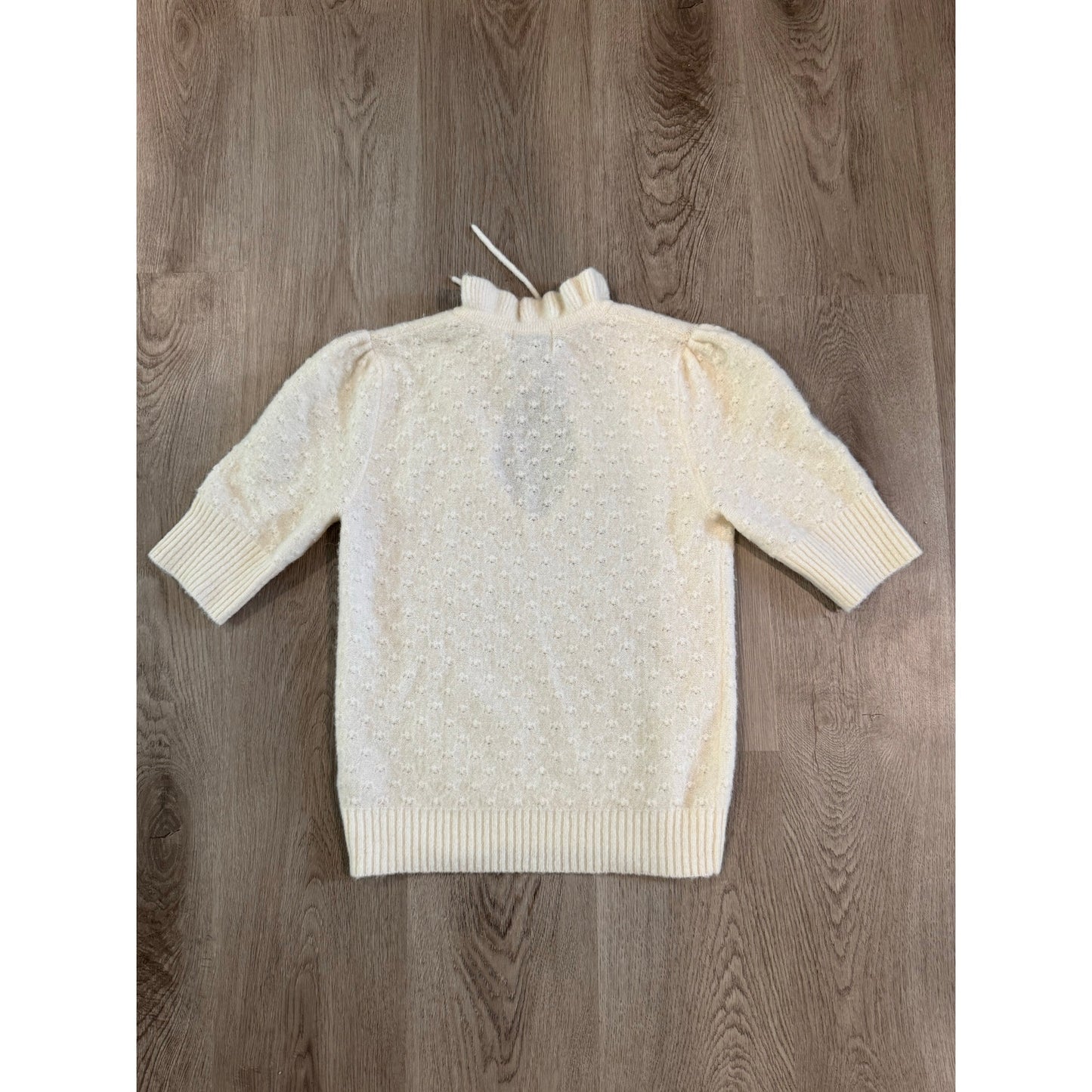 Ganni Short Sleeve Wool Knit Top in Egret/Off White Tie Closure Ruffle - Size XS