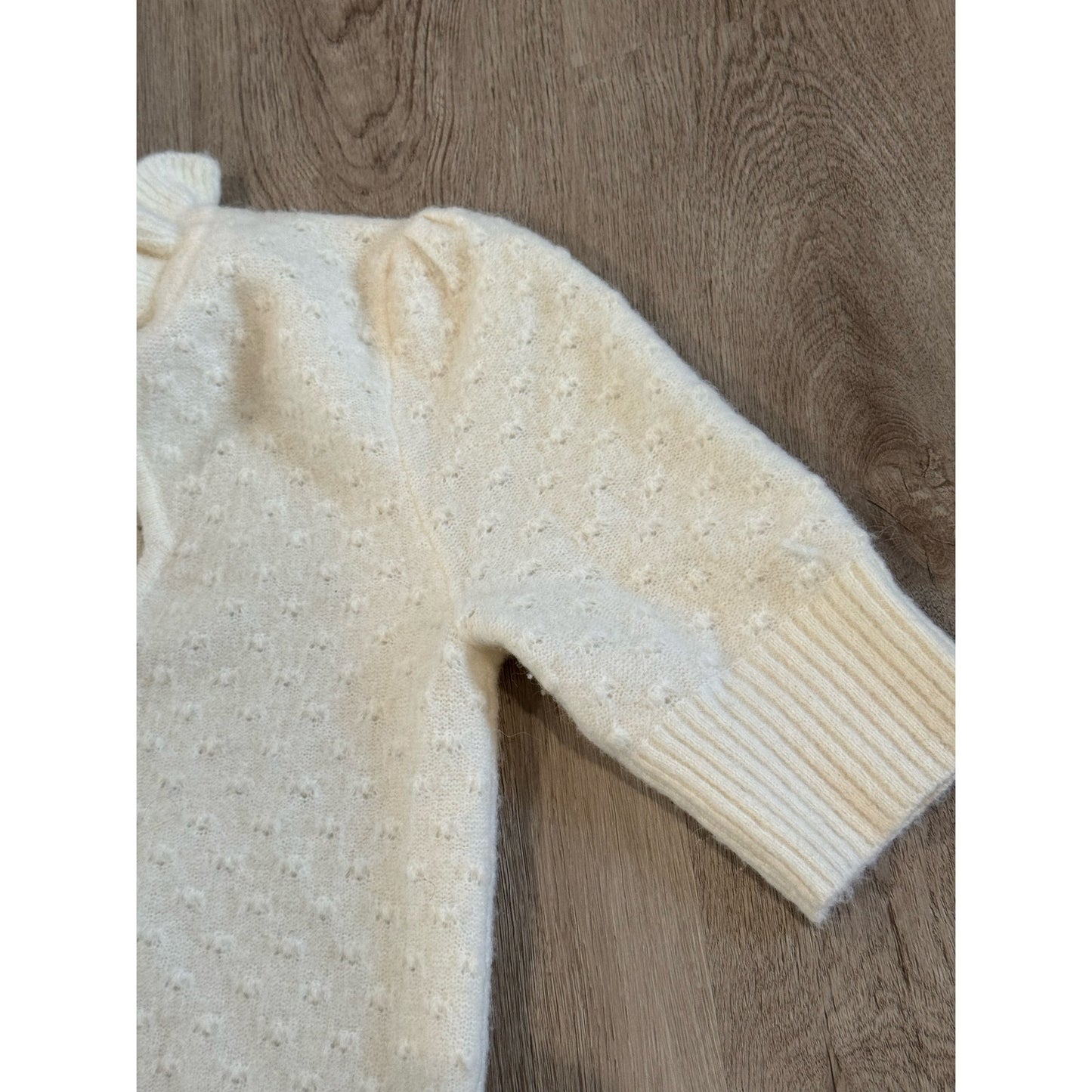Ganni Short Sleeve Wool Knit Top in Egret/Off White Tie Closure Ruffle - Size XS