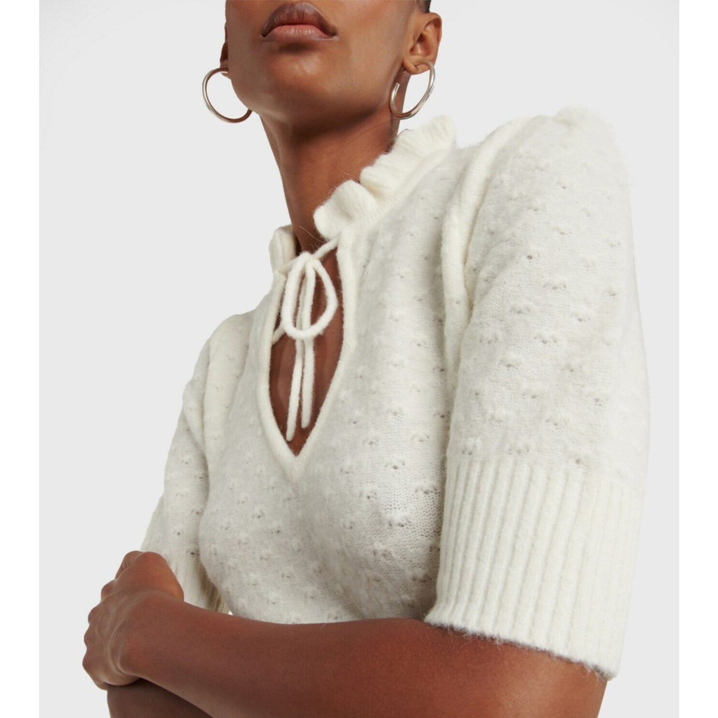 Ganni Short Sleeve Wool Knit Top in Egret/Off White Tie Closure Ruffle - Size XS