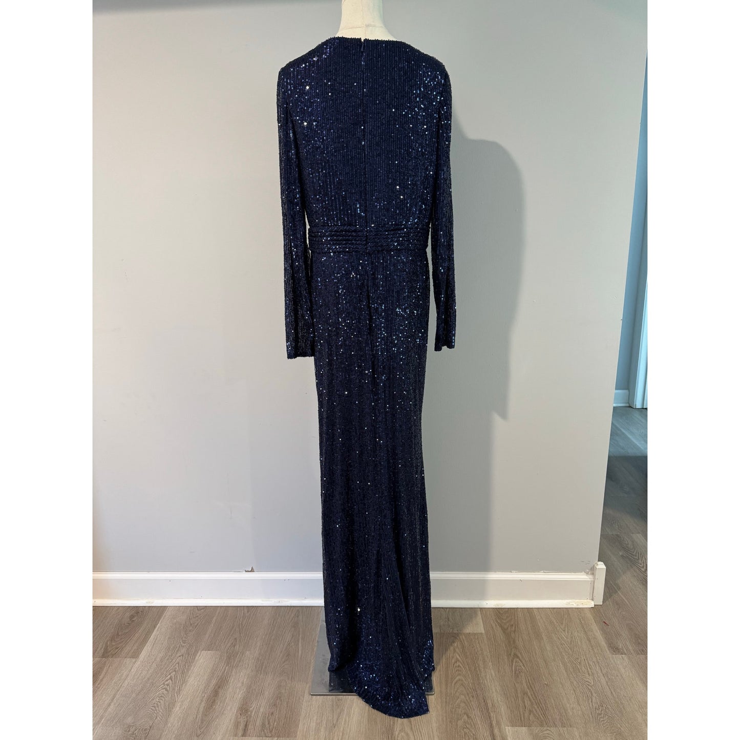 Mac Duggal Sequin Long Sleeve Faux Wrap Gown Dress Midnight Navy Blue Size 12
